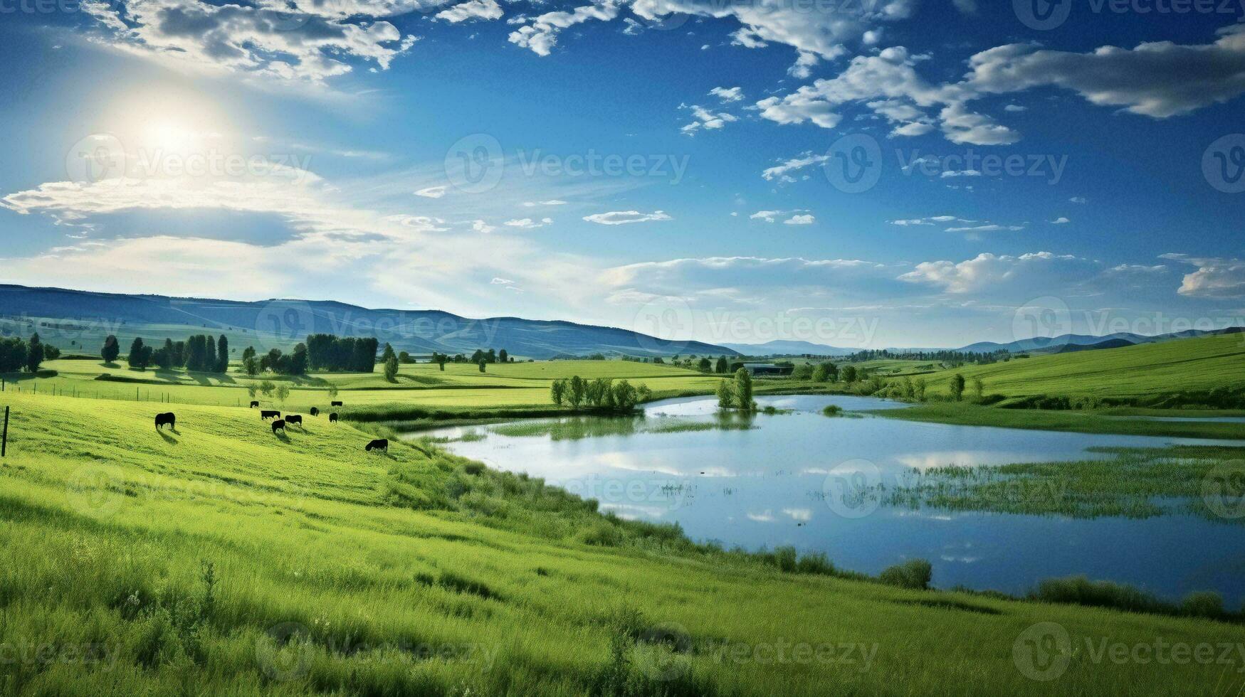 AI generated a beautiful landscape with cows grazing on grass photo