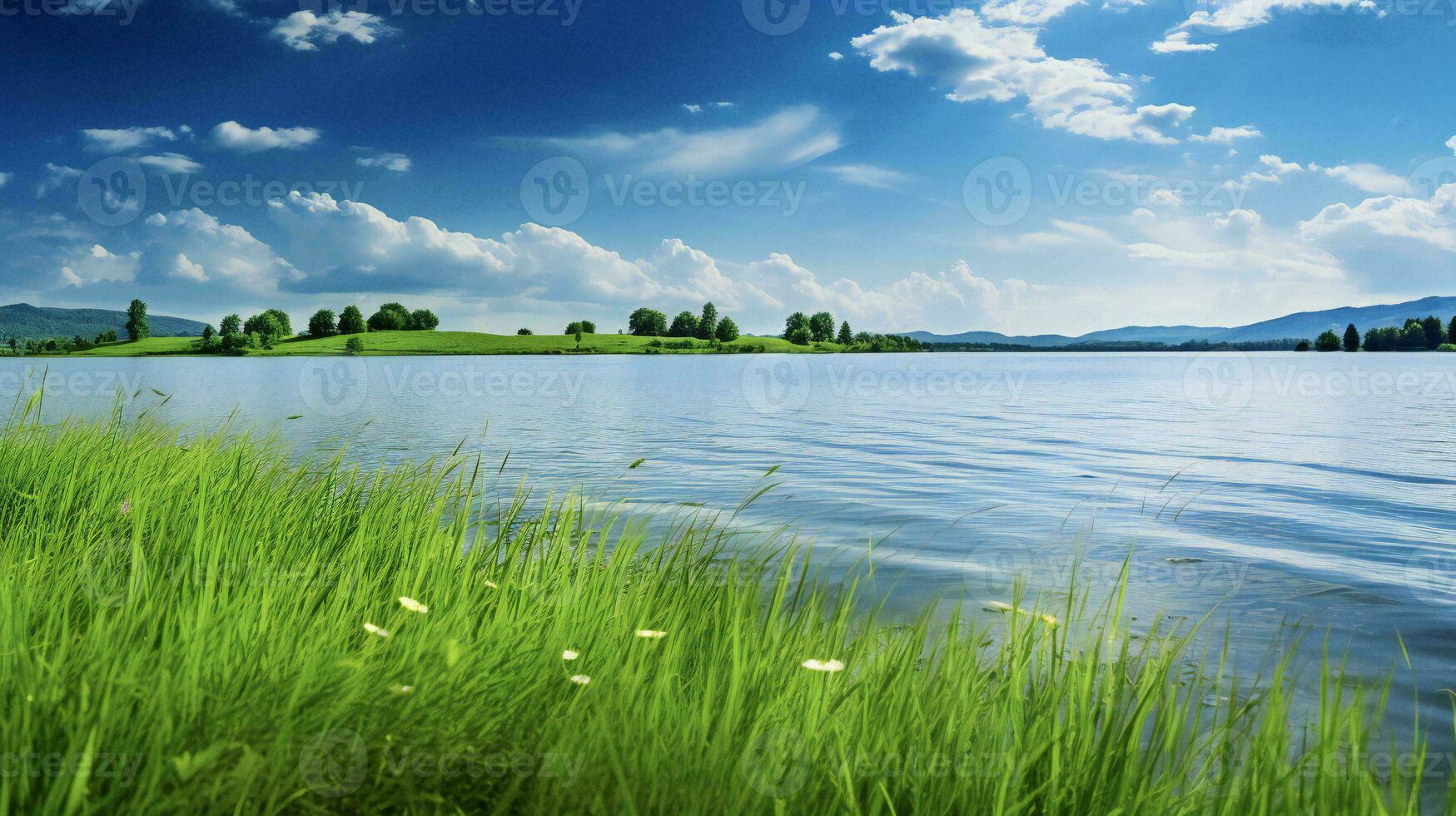 AI generated a lake with grass and flowers on the shore photo