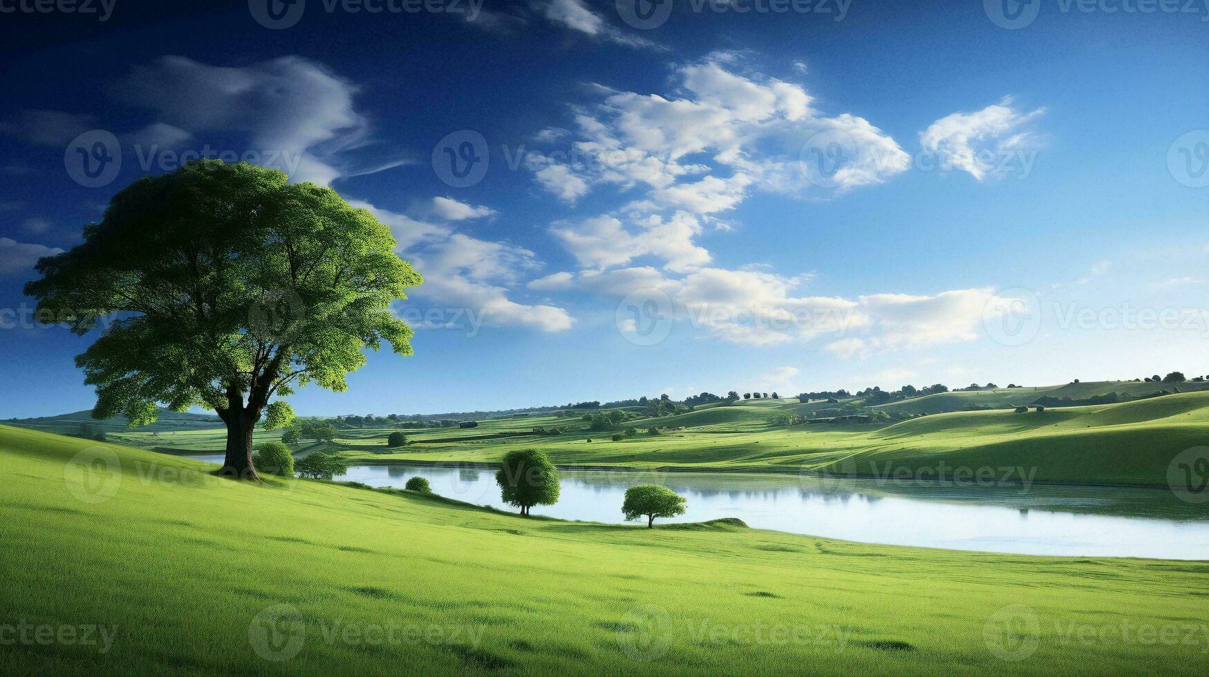AI generated a beautiful landscape with a lake and trees photo
