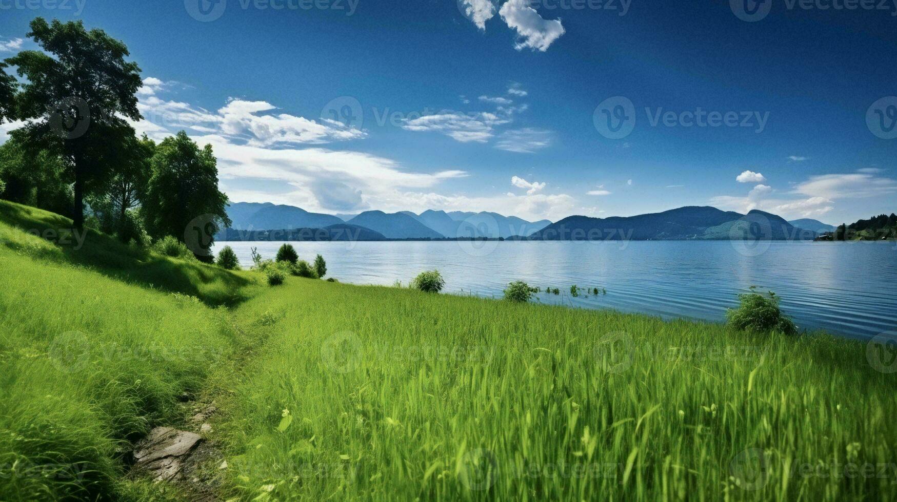 ai generado un herboso campo con un lago y montañas en el antecedentes foto