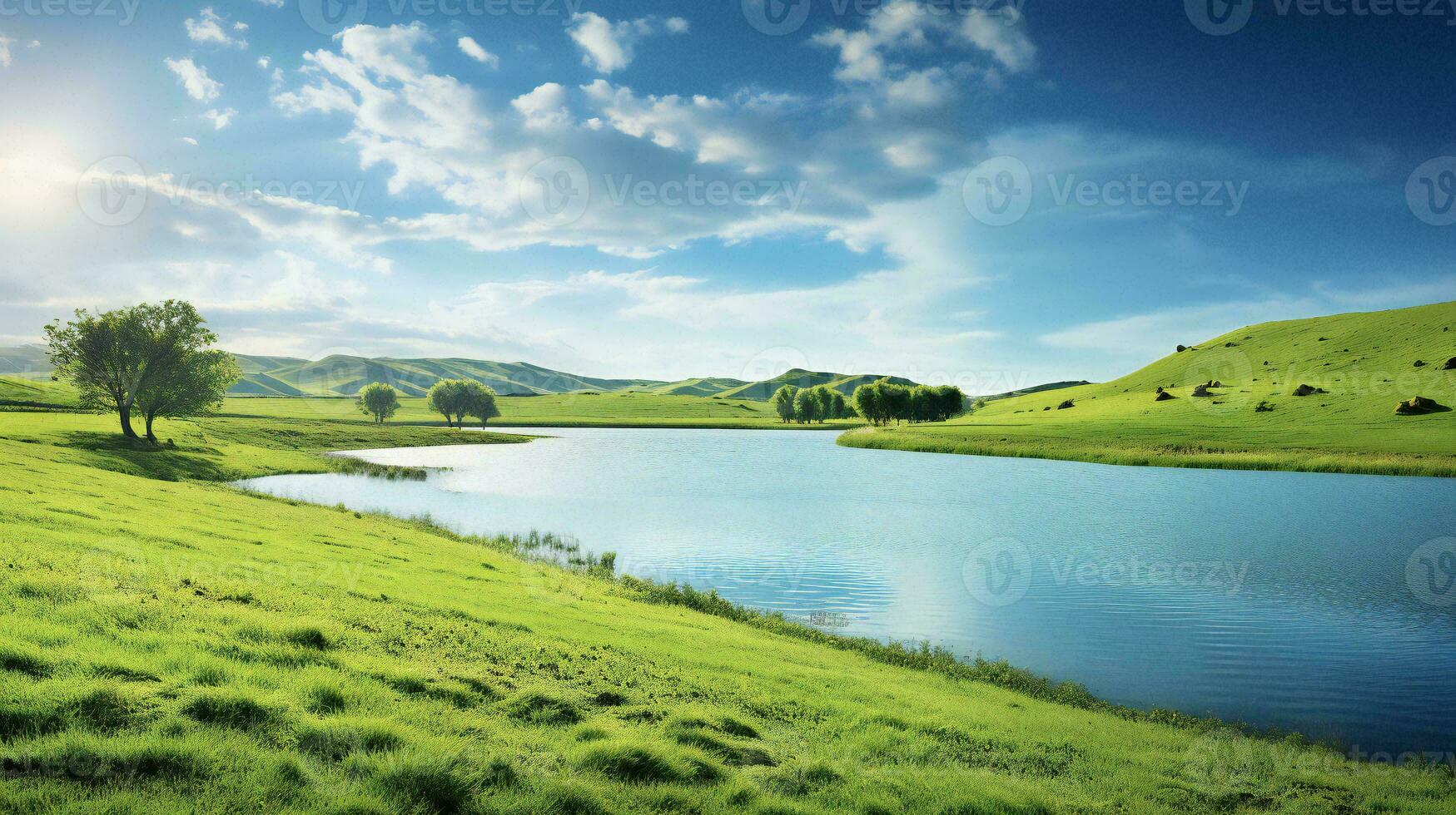 AI generated the lake is surrounded by green grass and trees photo
