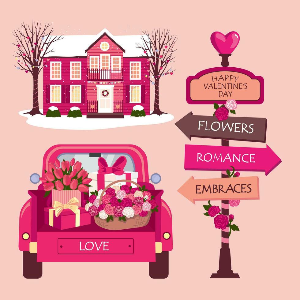 A set of romantic vector illustrations for Valentine's Day. Decorated house and Valentine's Day gifts. A car with gifts in the trunk. A road sign. Illustrated vector clipart.