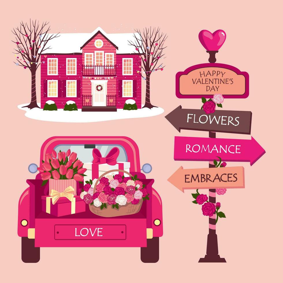 un conjunto de romántico vector ilustraciones para San Valentín día. decorado casa y San Valentín día regalos. un coche con regalos en el trompa. un la carretera signo. ilustrado vector clipart.