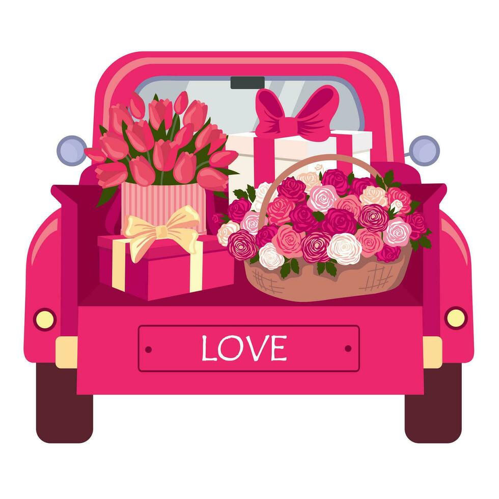 A red car with flowers and gift boxes. Romantic car front decorated with roses for Valentine's Day. Illustrated vector clipart.