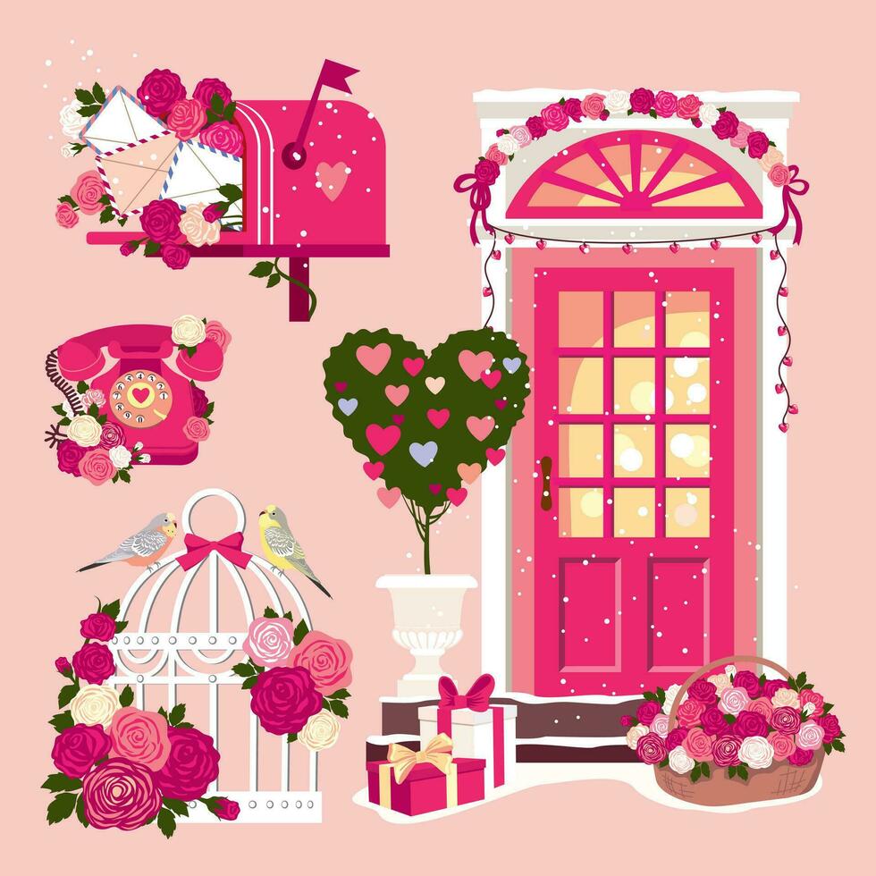 A set of romantic vector illustrations for Valentine's Day. Vintage phone, flowers, a cage with loving parrots, decorated front door, vintage mailbox. Illustrated vector clipart.
