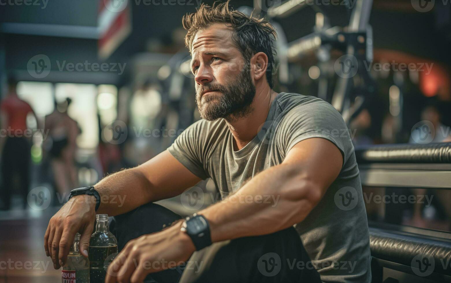 AI generated muscular athlete resting between sets and exercises in the gym photo