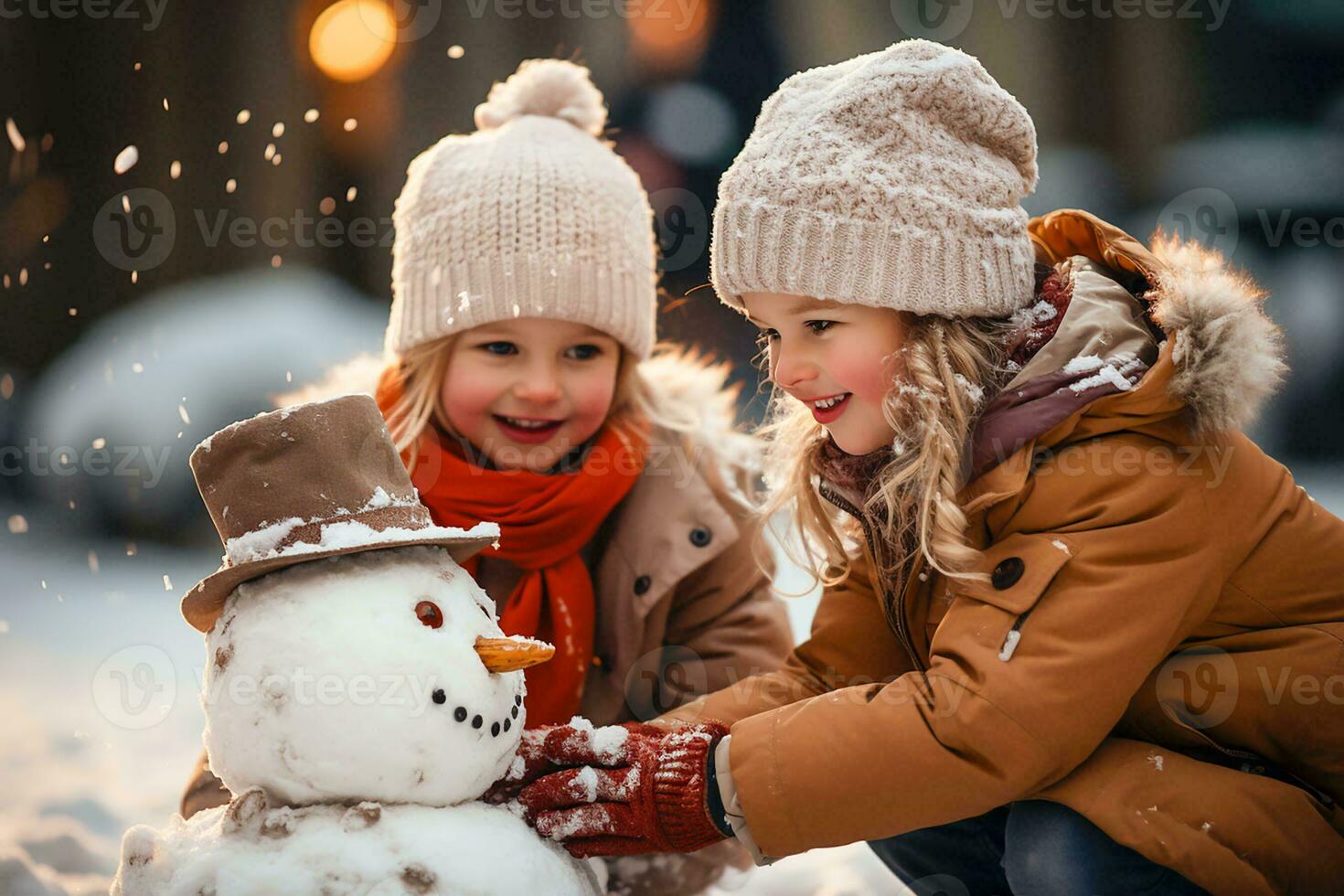 AI generated Children build snowman outside in falling snow photo