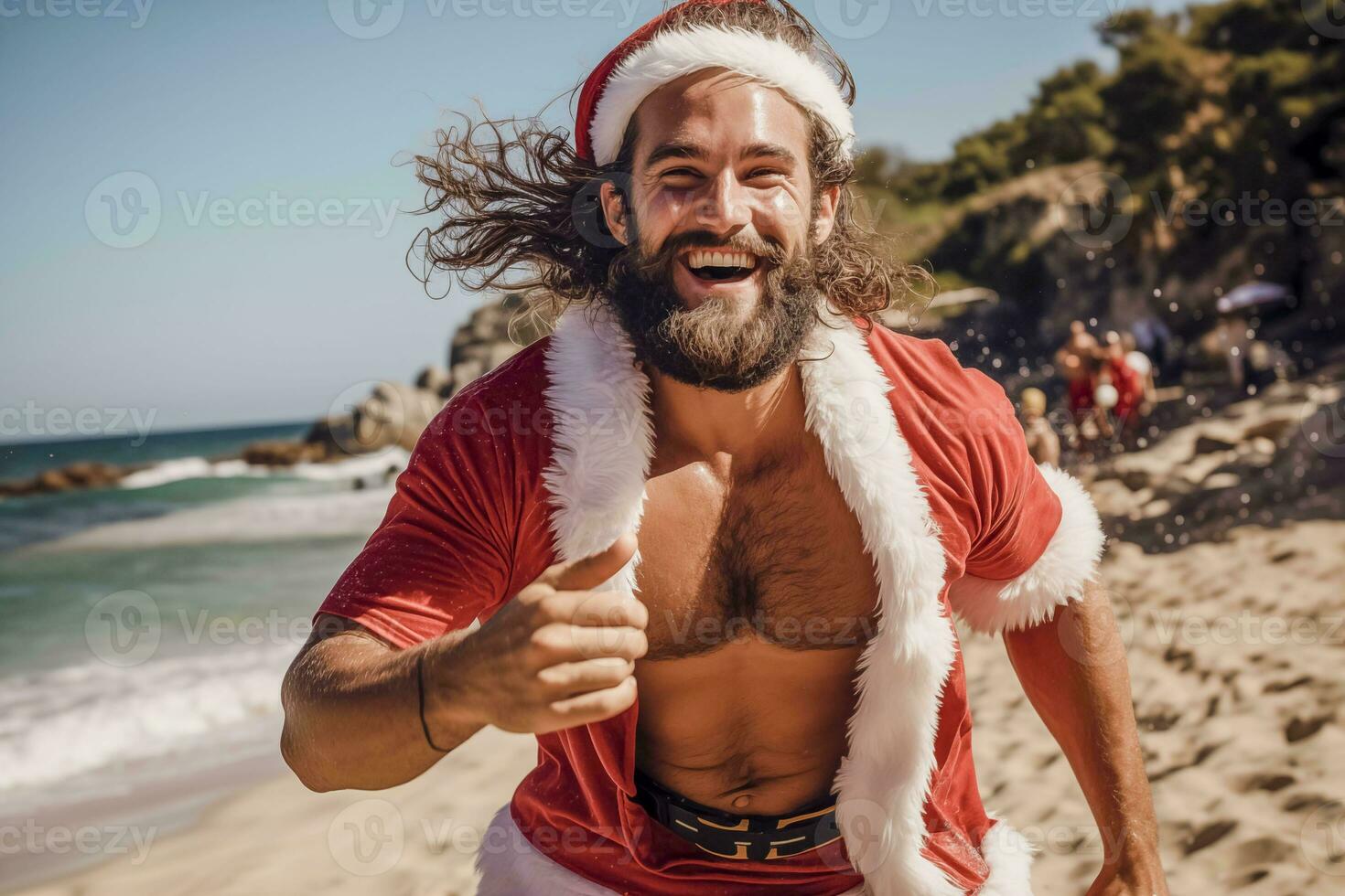 AI generated Attractive muscular young man wearing a santa claus garment running at beach and smiling at the camera photo