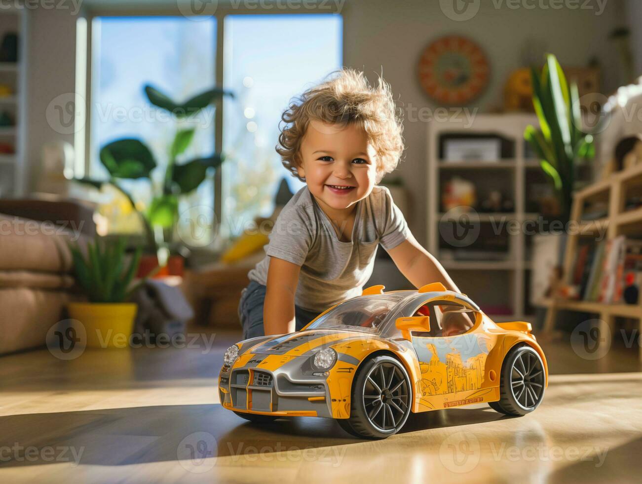 AI generated kid boy toddler playing with toy car photo