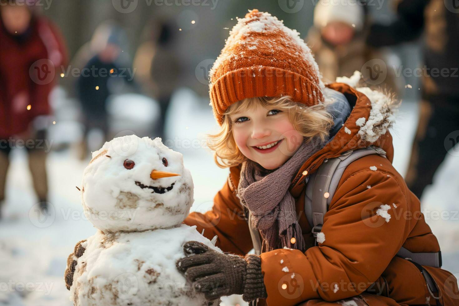 AI generated Child build snowman in falling snow photo