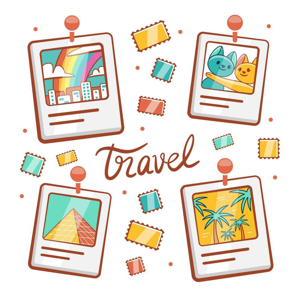 Vector composition on the theme of travel and photography in a cute cartoon style.
