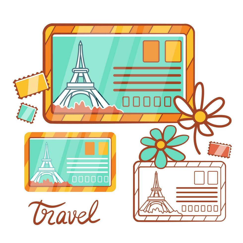 Vector composition on the theme of postcards and travel to Paris in a cute cartoon style.