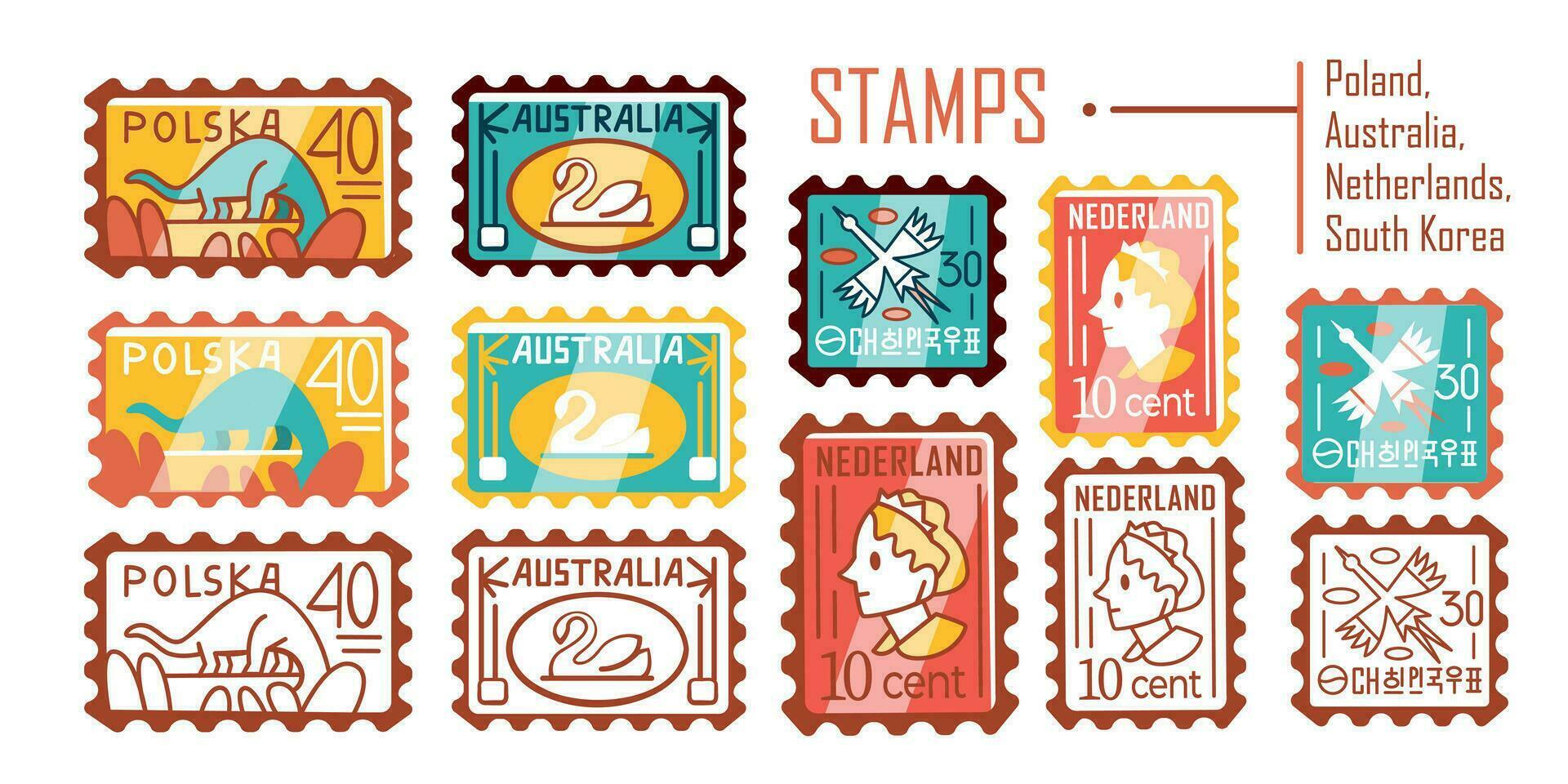 nine international stamps 4309300 Vector Art at Vecteezy