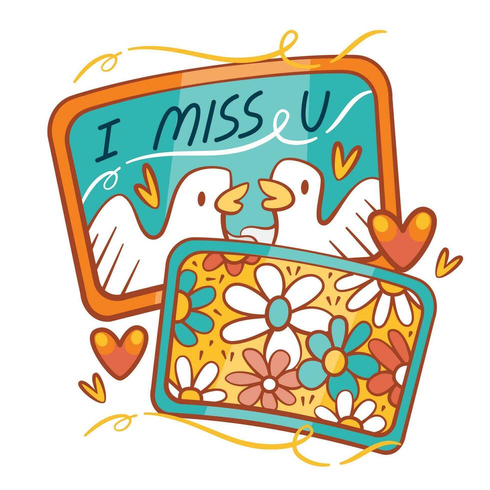 Vector poster with doves and the inscription I miss you in a cute cartoon style.
