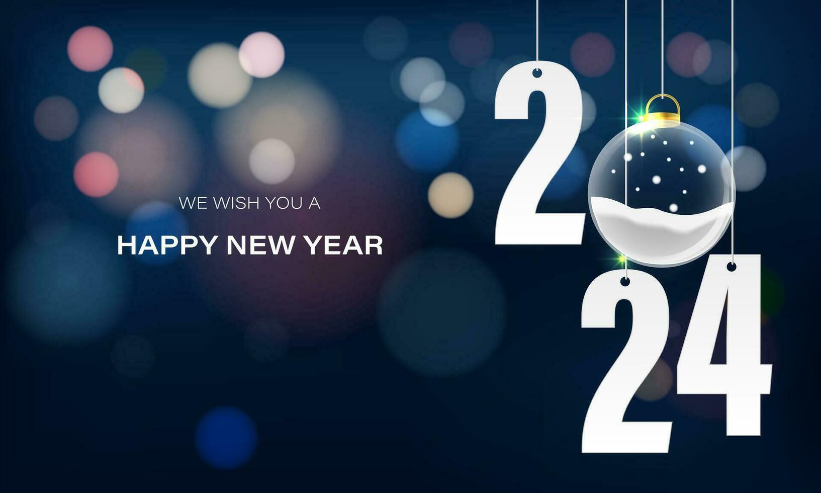 Happy New Year 2024 white paper number stars glass ball bokeh blur on dark blue luxury design for holiday festival celebration countdown background vector