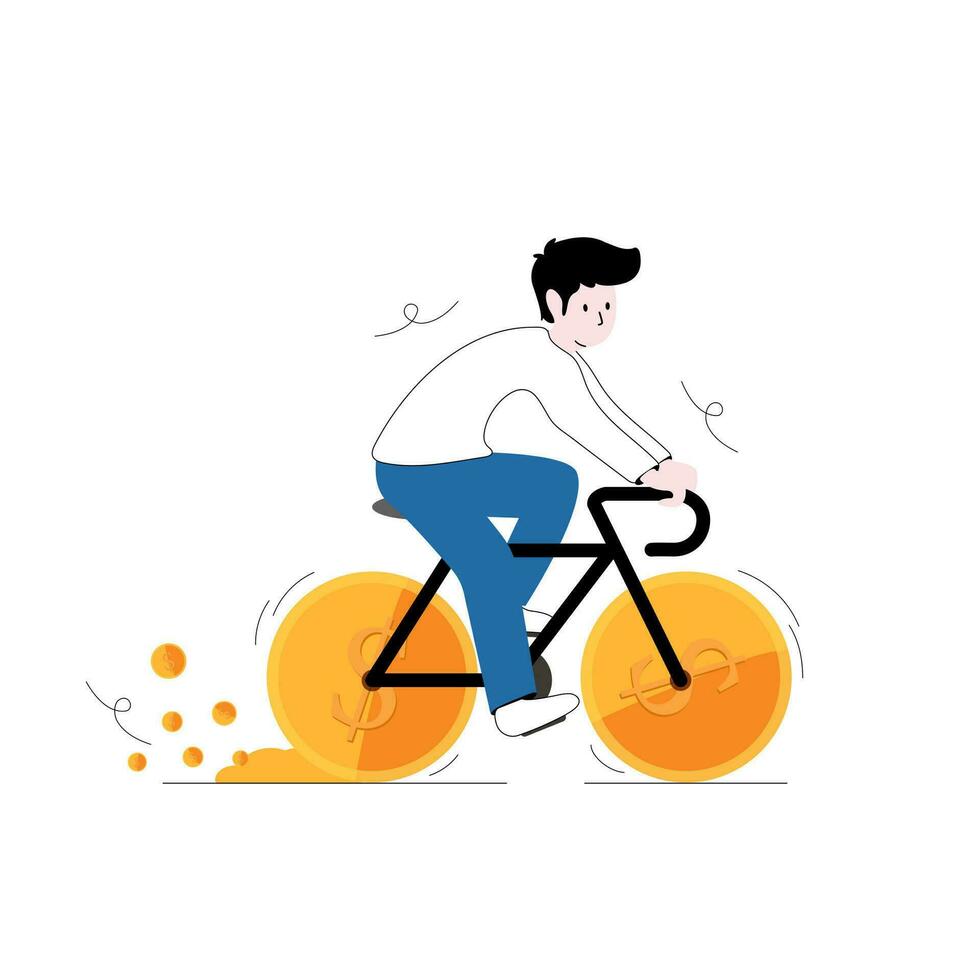 Finanzas ilustración vector. poner tu dinero a trabajar. inversión. ilustración de un hombre montando un bicicleta con ruedas a ganar dinero. vector