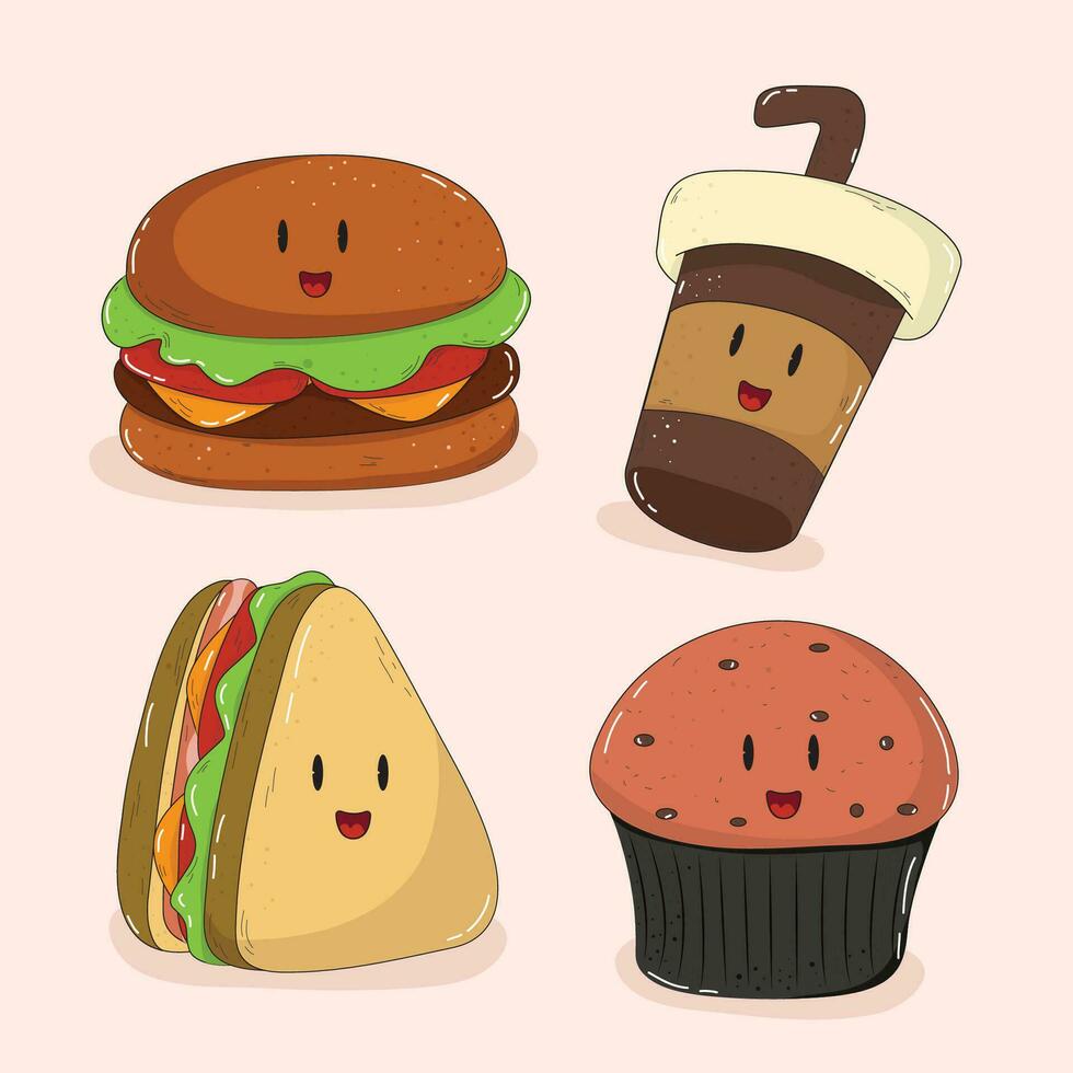 Junk food illustrations, cute hand drawn. vector