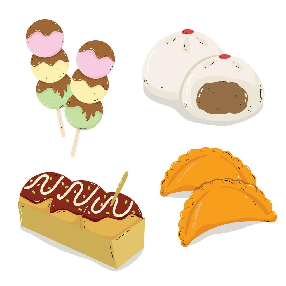 Illustration of food, Japanese snacks, hand drawn. Dango, curry puff, tako, steamed buns. vector