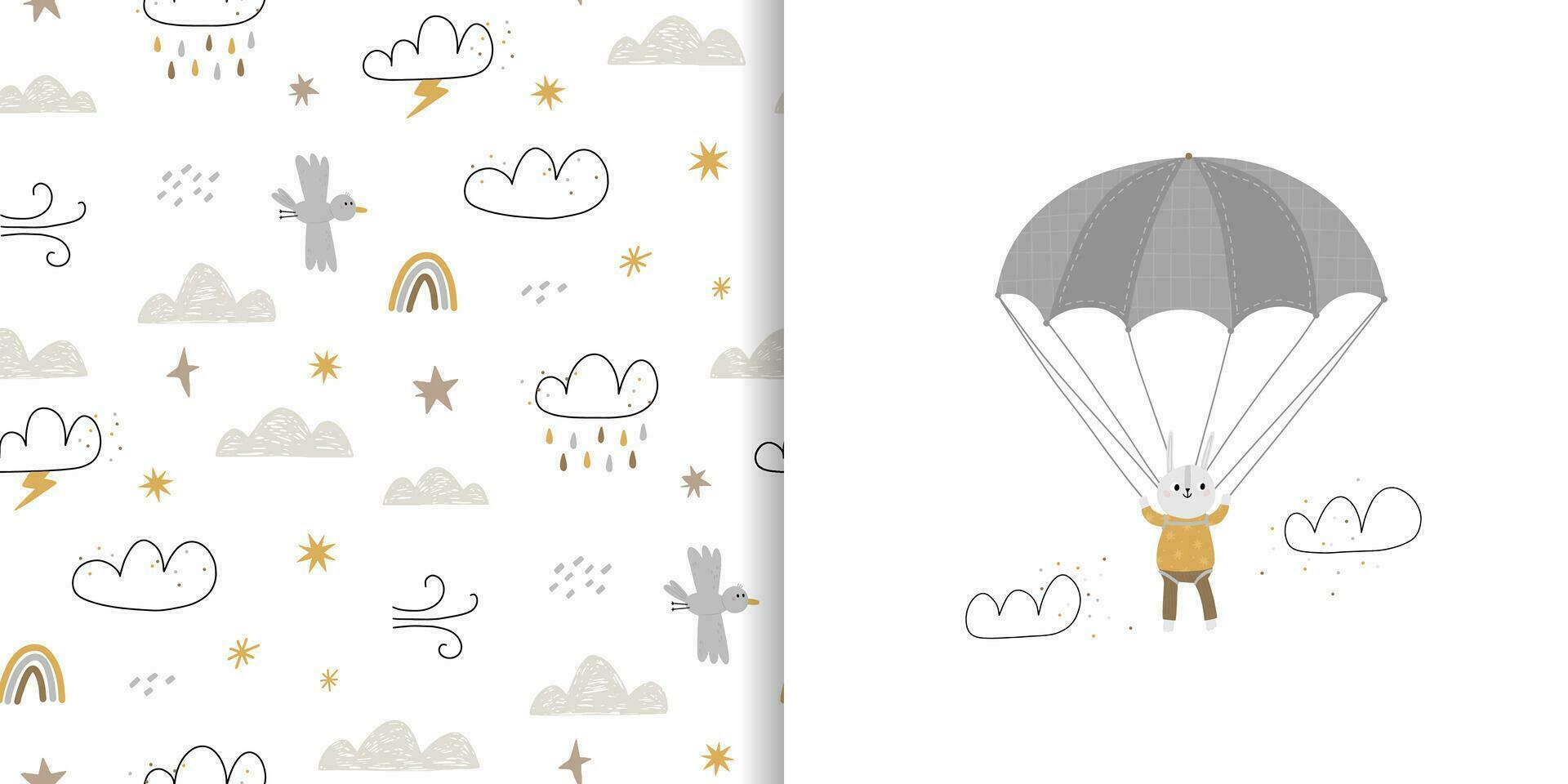 Seamless background and card with a cute bunny on a parachute. Travel and adventure, flying among the clouds. vector