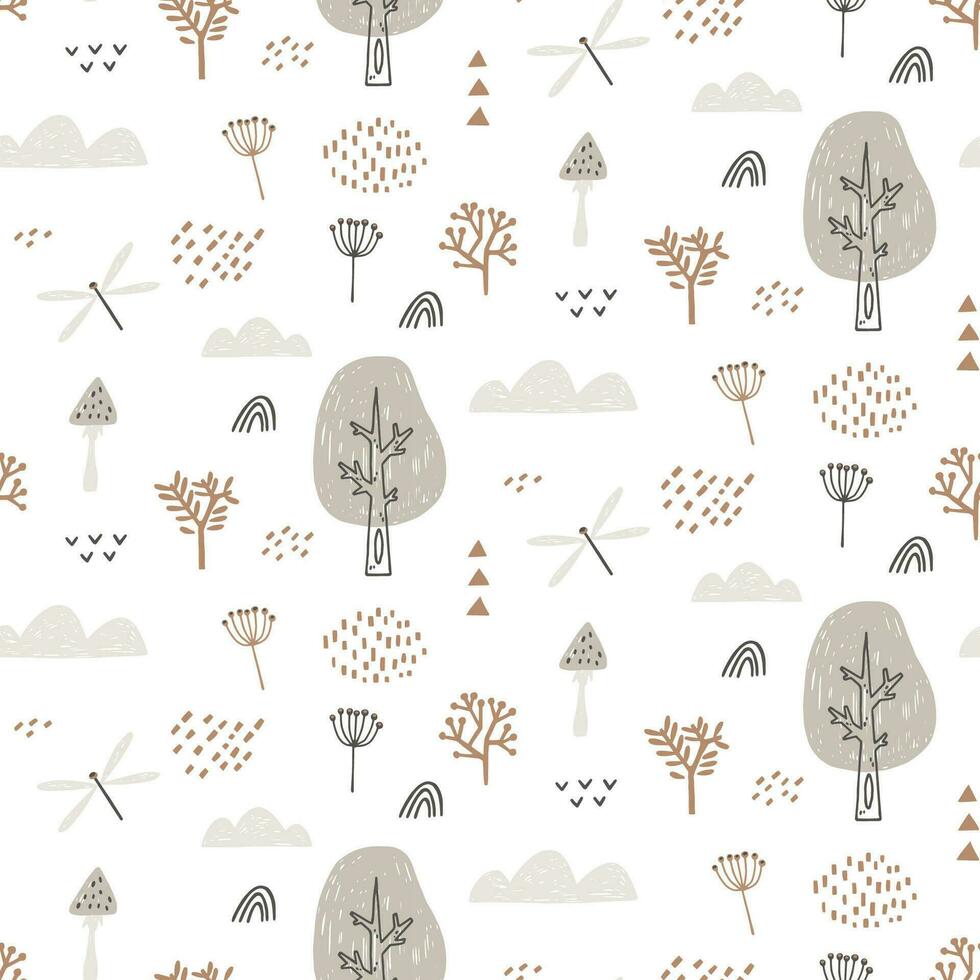 Seamless pattern with dragonfly, clouds, trees. Hand drawn forest pattern is endlessly repeating. Can be used for kids, covers, fabrics, wallpapers, home decor. Vector illustration