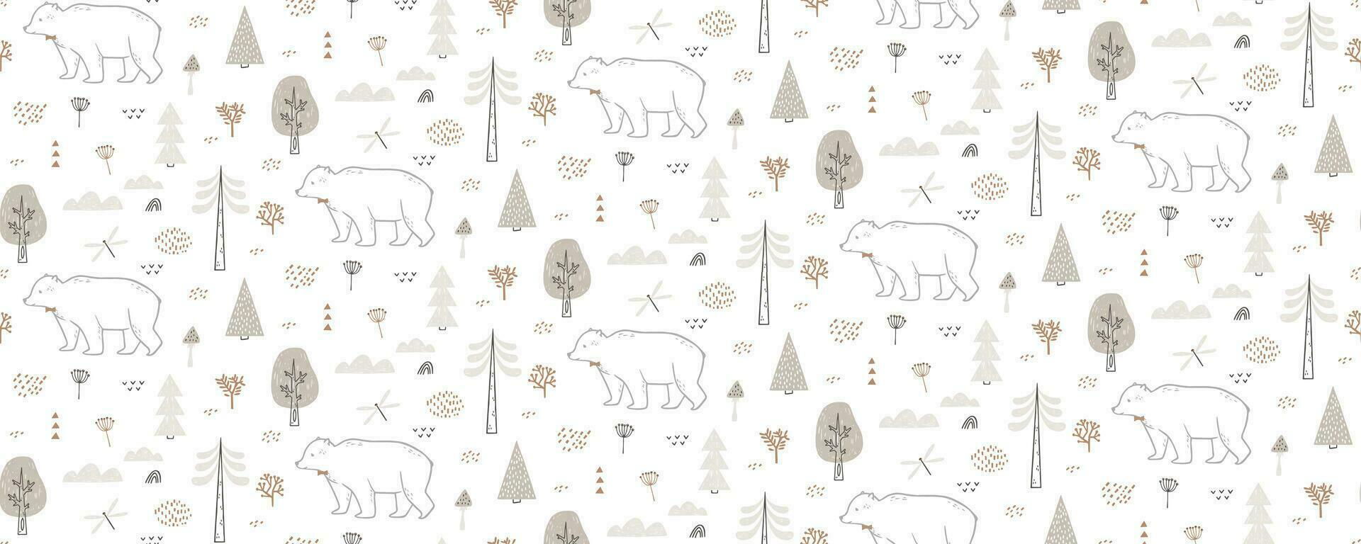 Seamless pattern with bear, dragonfly, clouds, trees. Hand drawn forest pattern is endlessly repeating. Can be used for kids, covers, fabrics, wallpapers, home decor. Vector illustration