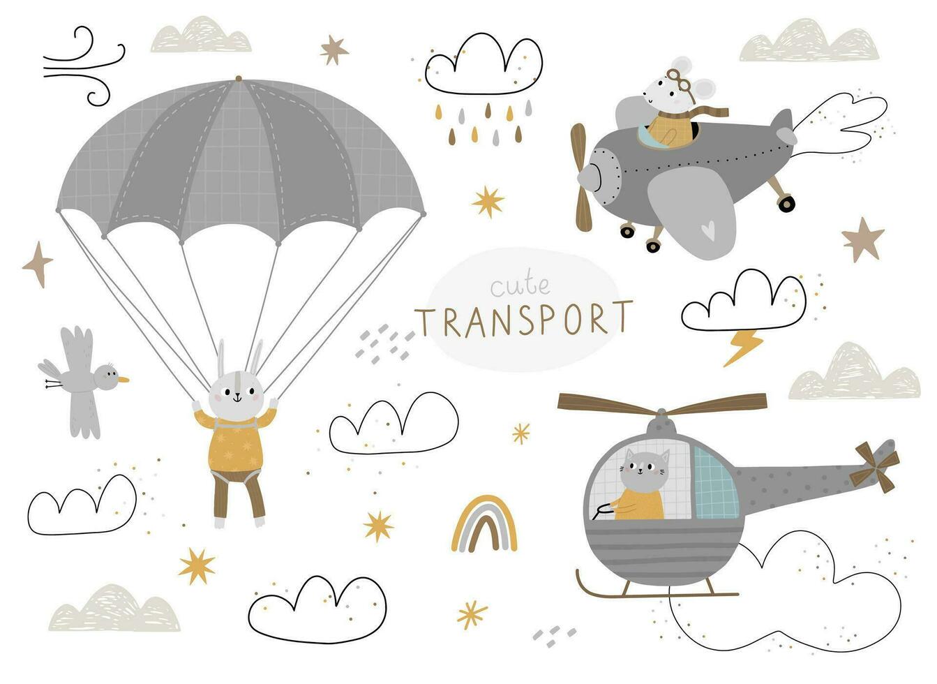 Set with cute animals for air transport, helicopter, plane, parachute. Illustration isolated on white background. vector