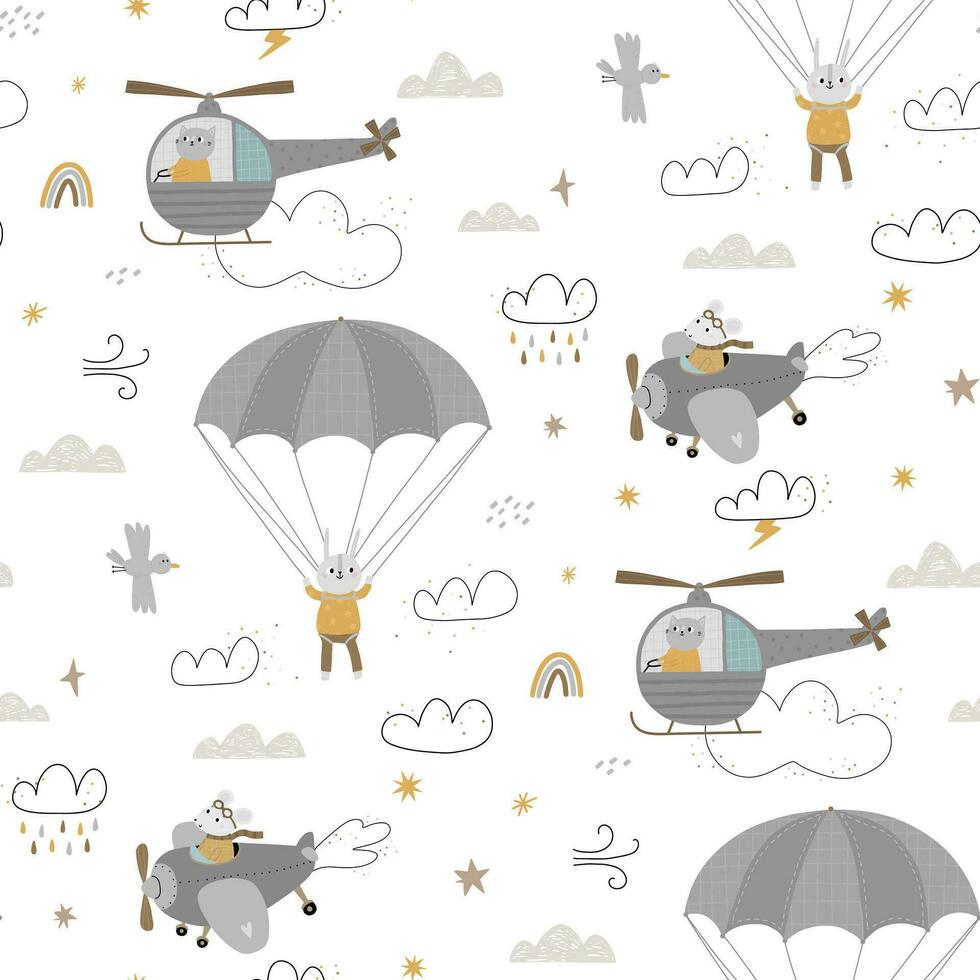Seamless pattern with cute animals for air transport, helicopter, plane, parachute. Illustration isolated on white background. vector