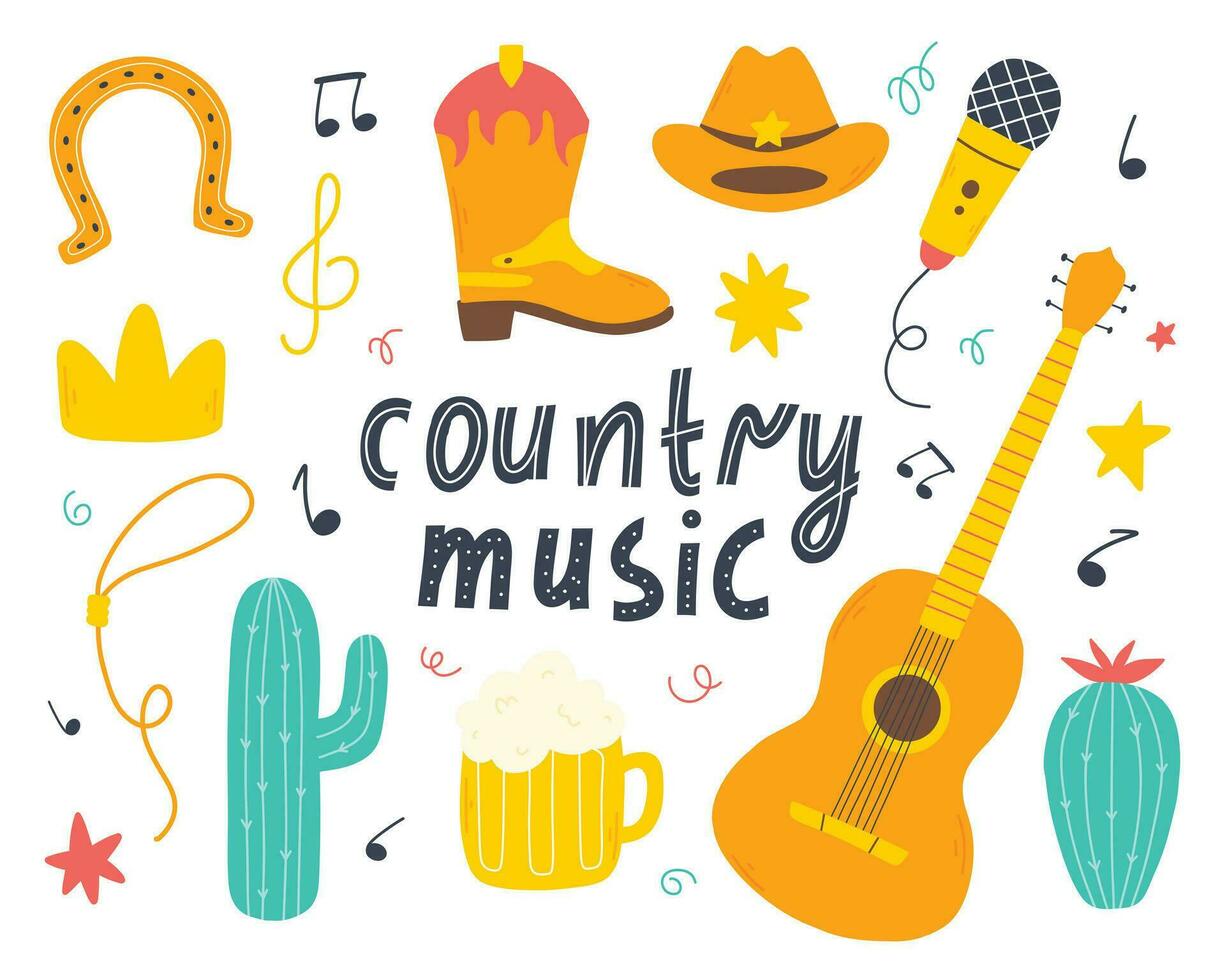 país música concepto. conjunto de país música elementos en mano dibujado estilo. vaquero música vector ilustración.