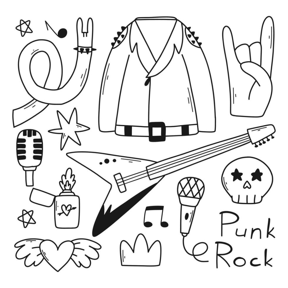 Rock n roll, punk music doodle set. Graffiti, tattoo hand drawn sticker, text, skull, heart, skate, gesture hand. Grunge rock vector illustration.