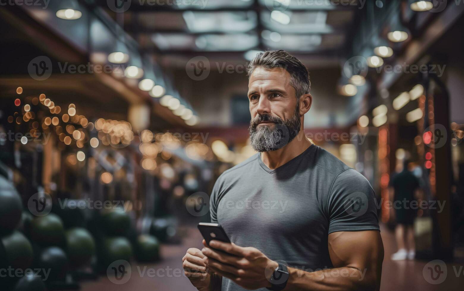 AI generated A man with a phone in his hands in the gym. Dumbbells and kettlebells in the background photo