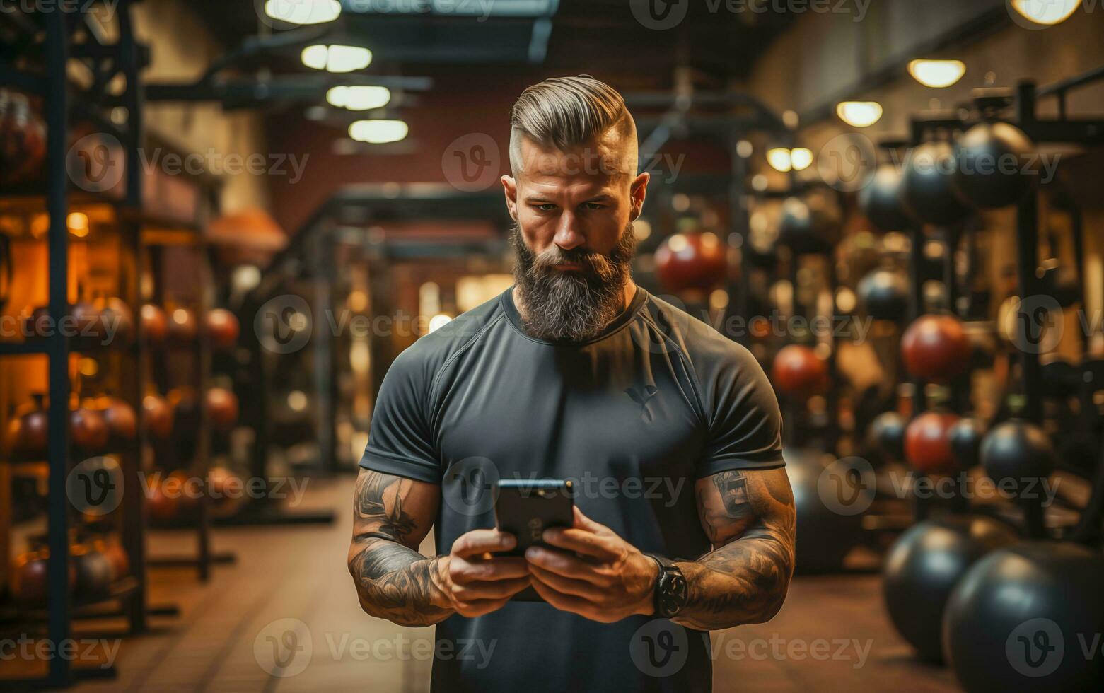 AI generated A man with a phone in his hands in the gym. Dumbbells and kettlebells in the background photo