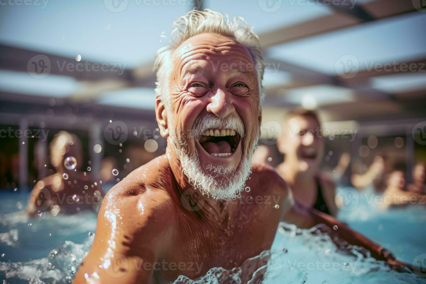 AI generated Elderly happy man do aqua aerobics in the indoor pool. Group of elder people at aqua gym session photo