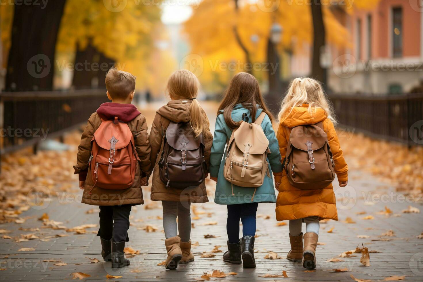 AI generated Schoolkids are walking down the street. Back view. photo