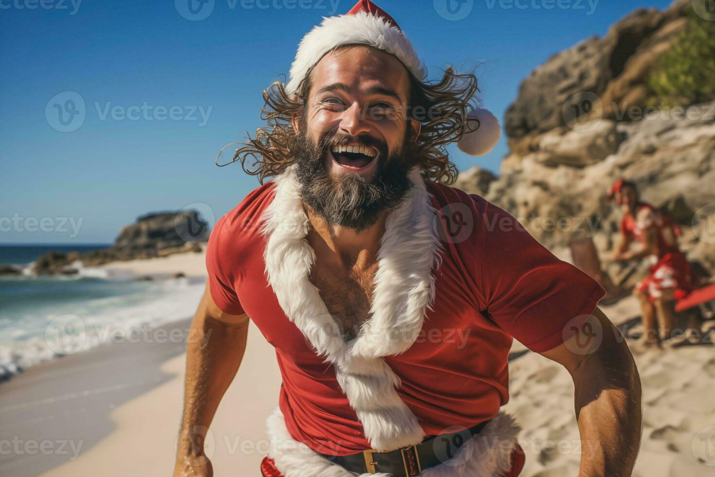 AI generated Attractive muscular young man wearing a santa claus garment running at beach and smiling at the camera photo