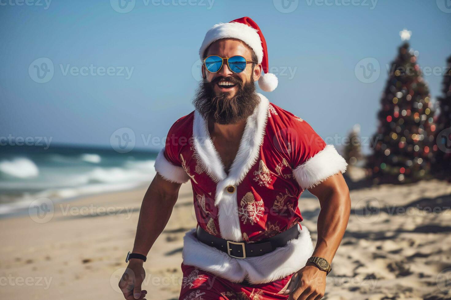 AI generated Attractive muscular young man wearing a santa claus garment running at beach and smiling at the camera photo