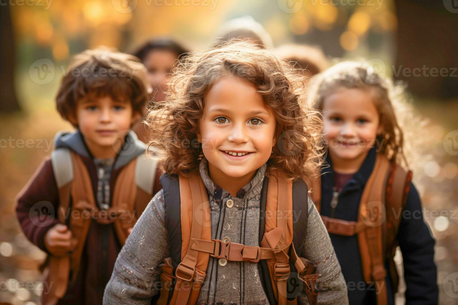 AI generated a group of junior schoolchildren walks down the street with backpacks photo