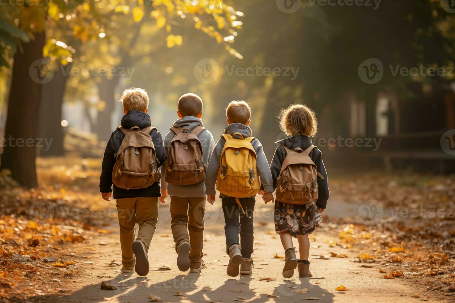 AI generated Schoolkids are walking down the street. Back view. photo