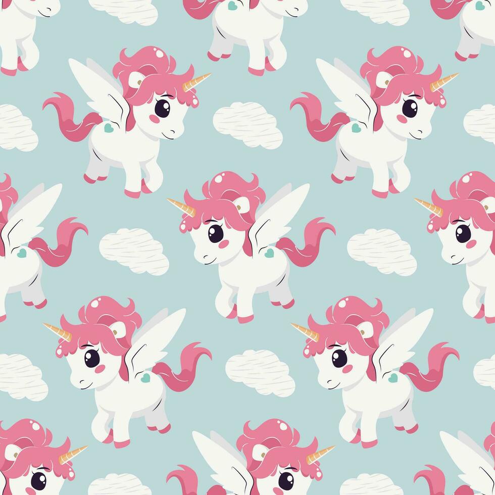 sin costura modelo con magia unicornios y nubes vector loseta con dibujos animados personaje para infantil imprimir, envoltura, textil, imprimir, tela.