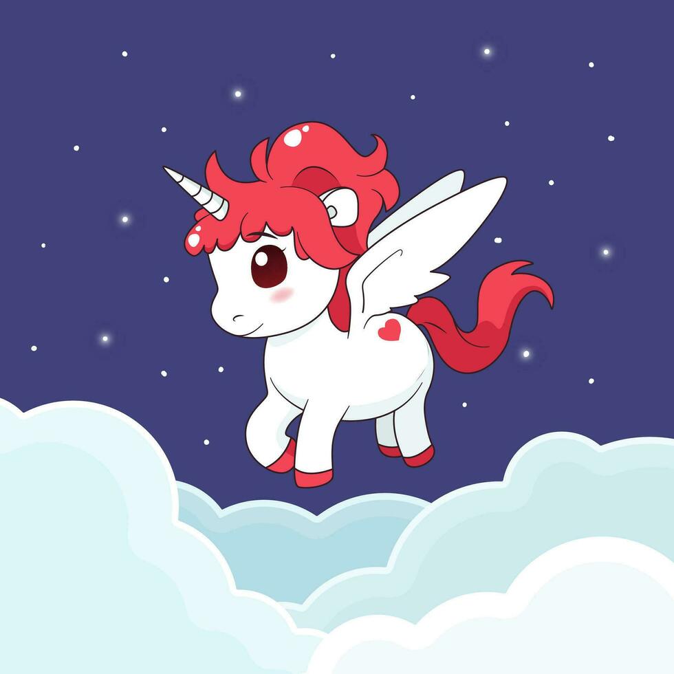 Cute cartoon unicorn with wings flying in the sky. isolated vector illustration with magic animal, clouds, stars. Flat art for print, posters, covers and etc.