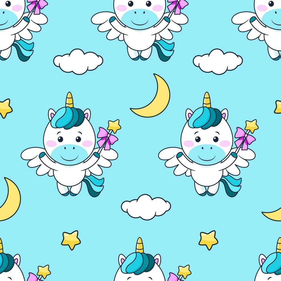 Seamless pattern with magic unicorn with magic wand, stars, moon, clouds. Vector tile with cartoon character for childish print, wrapper, textile, print, fabric.