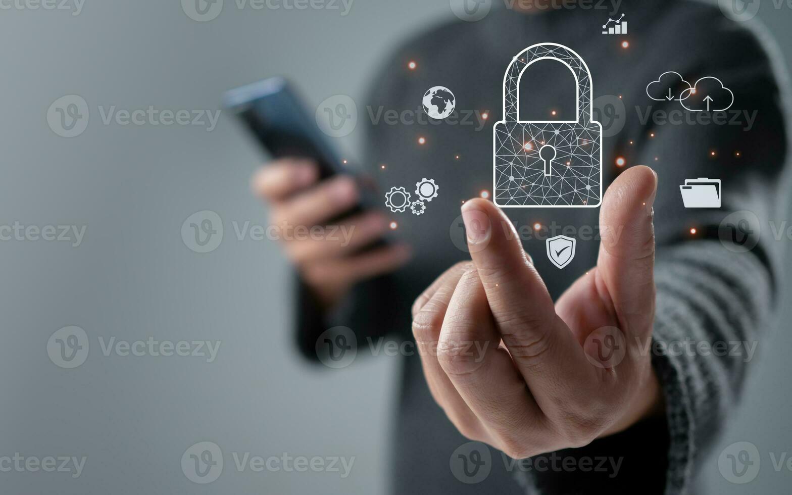 Man show key secure encryption technology, cybersecurity privacy of data protection, security Internet access, security encryption of user private data, business confidentiality. photo