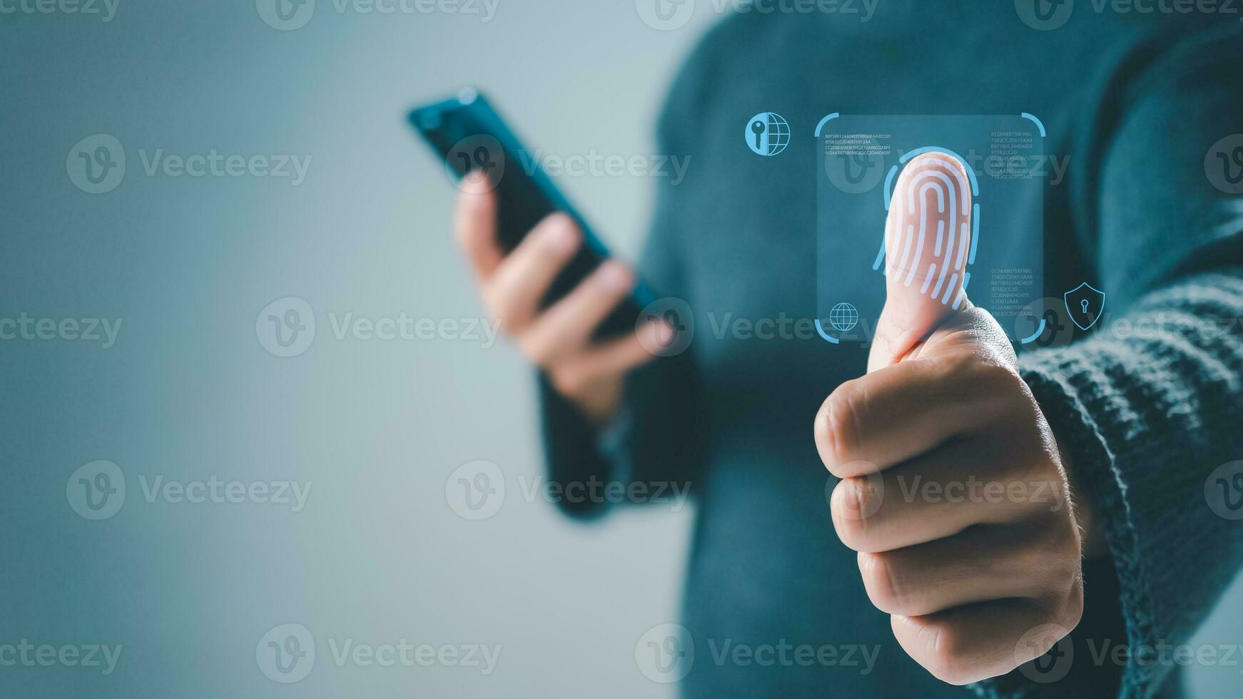 Businessman scan fingerprint biometric identity and approval. Secure access granted by valid fingerprint scan, Business Technology Safety Internet Network Concept photo