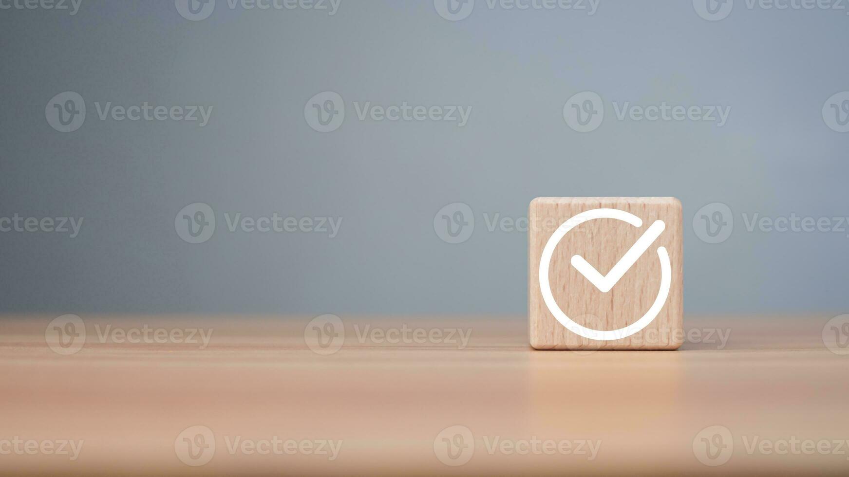 Checklist concept, Check mark on wooden blocks wooden background with copy space, project feasibility concept. Tick and cross signs. Checkmark and cross icons. approve and disapprove symbols. photo