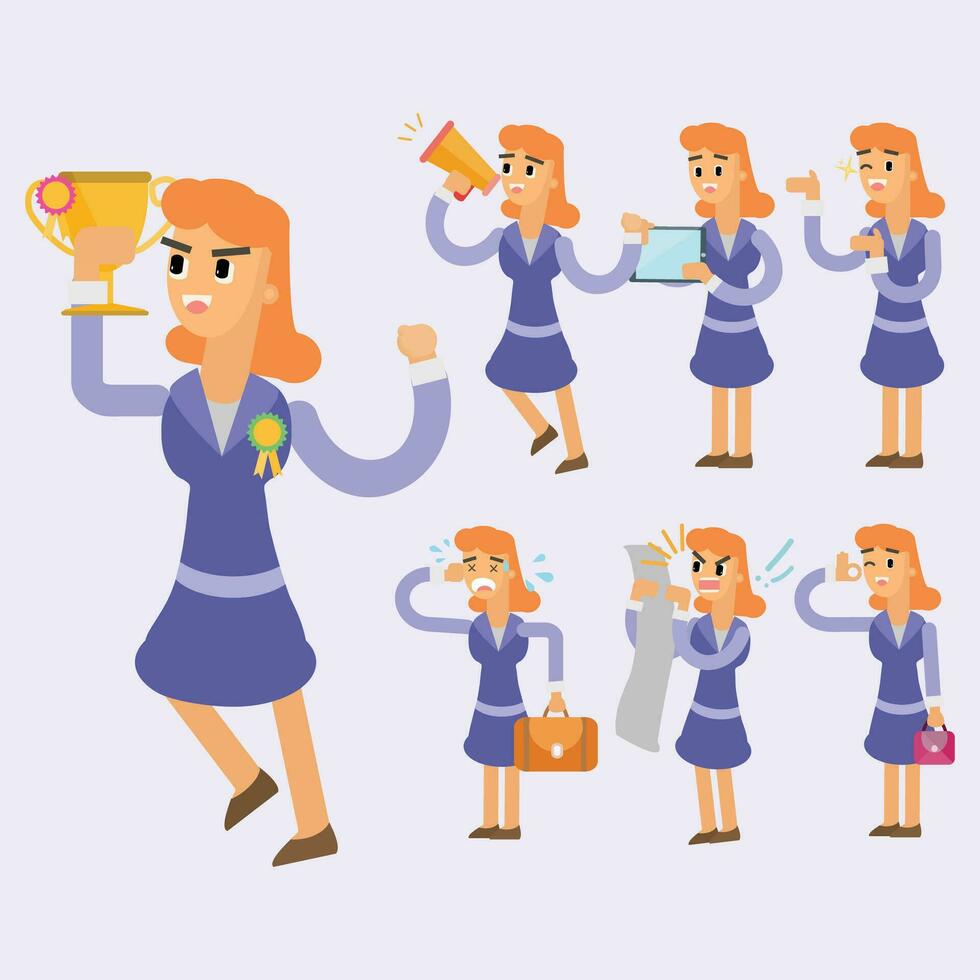 Set of business woman character in different actions. Vector flat design illustration.