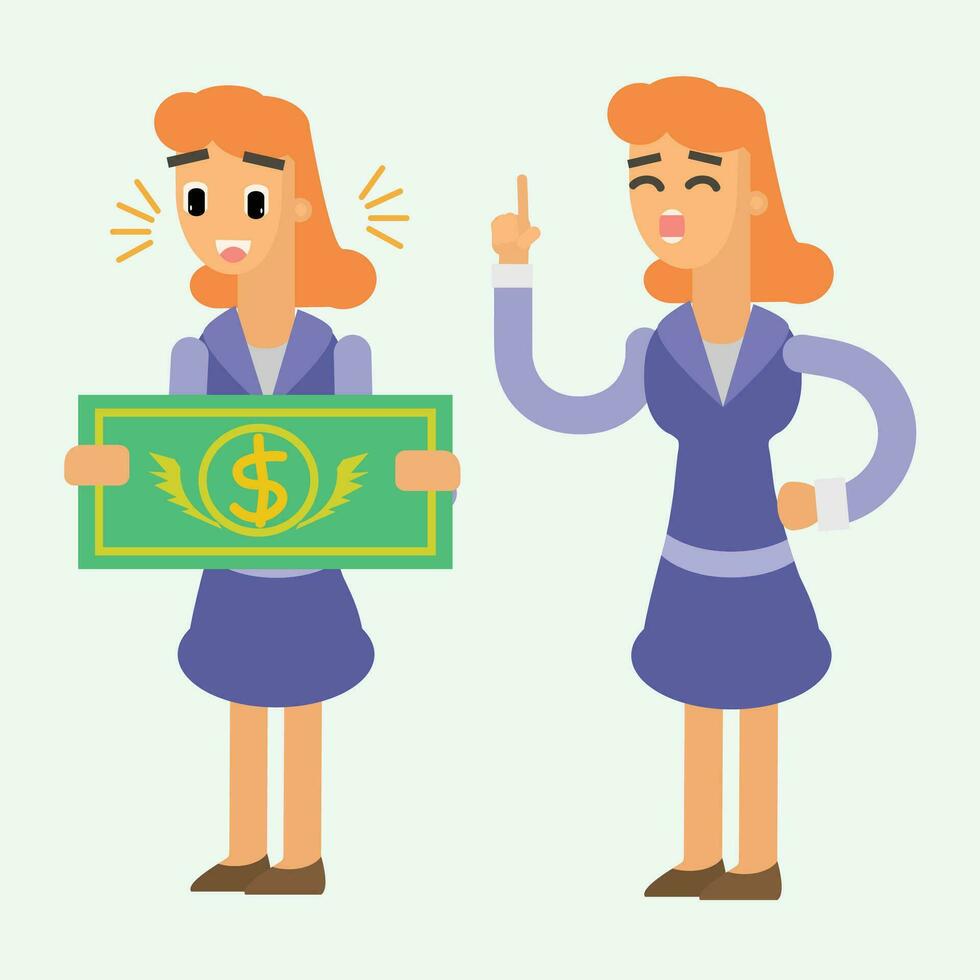 Business woman with dollar bill. Vector illustration in a flat style