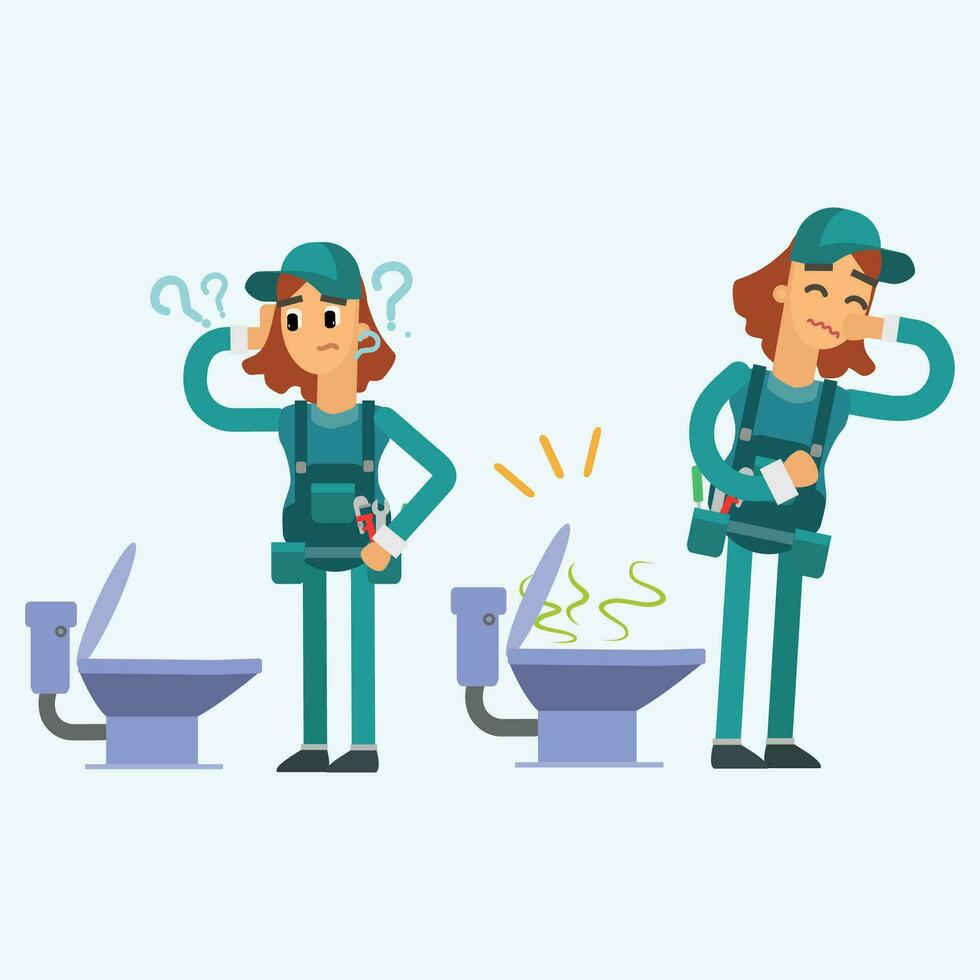 Plumber man and woman in uniform working in the bathroom vector illustration.