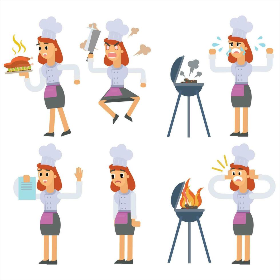 conjunto de mujer cocinar personaje. vector ilustración en un plano estilo.