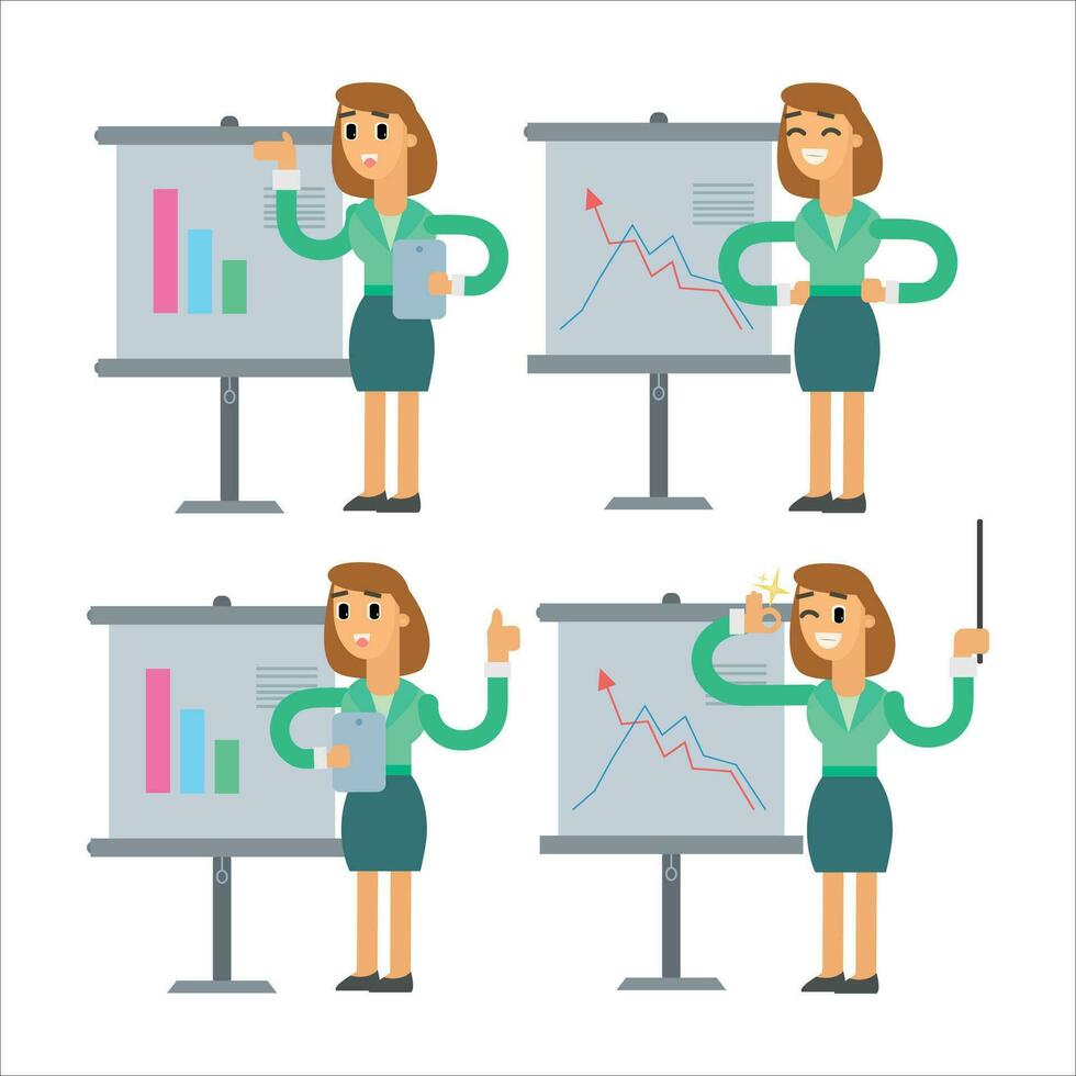 Business woman Caracter Set Presentations. Vector illustration in flat style.