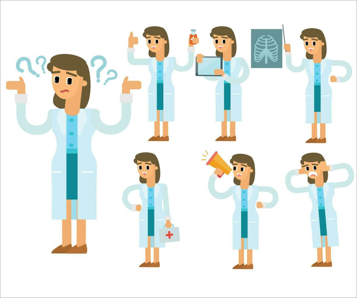 Doctor character with various poses and gestures. Vector illustration in cartoon style.