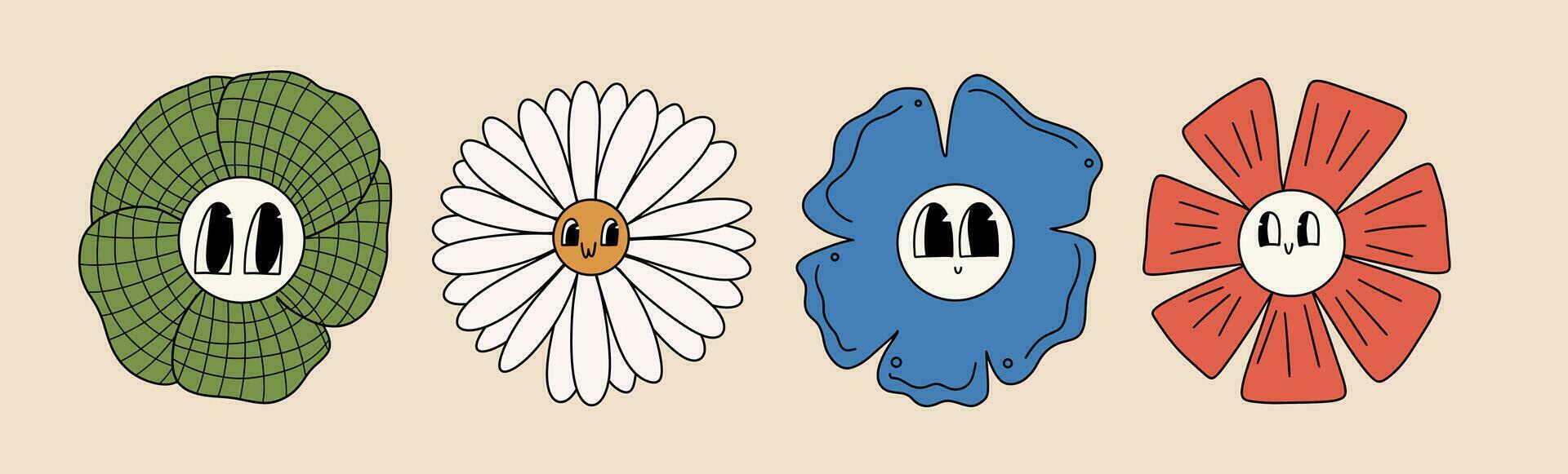 Set of cartoon flowers in retro style, 70s, 90s. Vector illustration